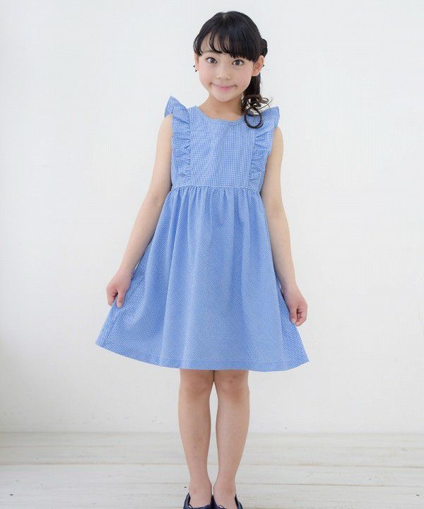 Gingham check dress with frills Blue model image whole body