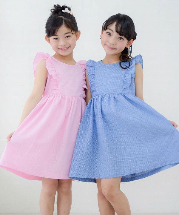 Gingham check dress with frills Blue model image 1