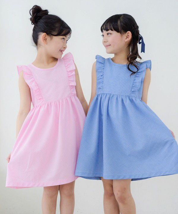 Gingham check dress with frills Blue model image 2