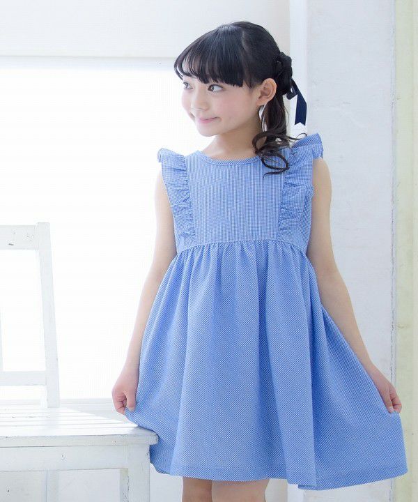 Gingham check dress with frills Blue model image 3