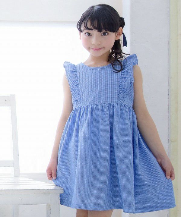 Gingham check dress with frills Blue model image 4