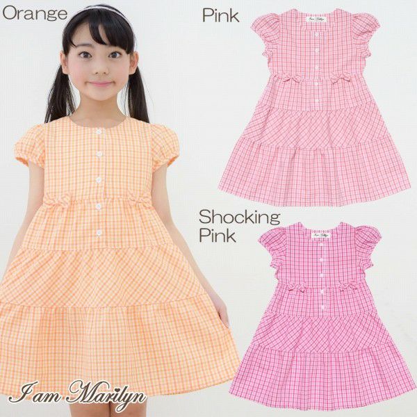Children's clothing girl check pattern Puff sleeve dress with ribbon