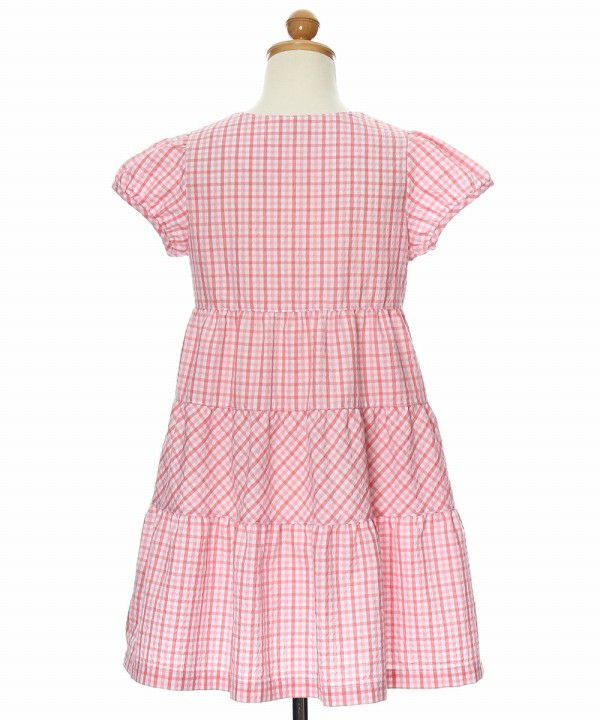 Children's clothing girl check pattern with ribbon puff sleeve dress pink (02) torso