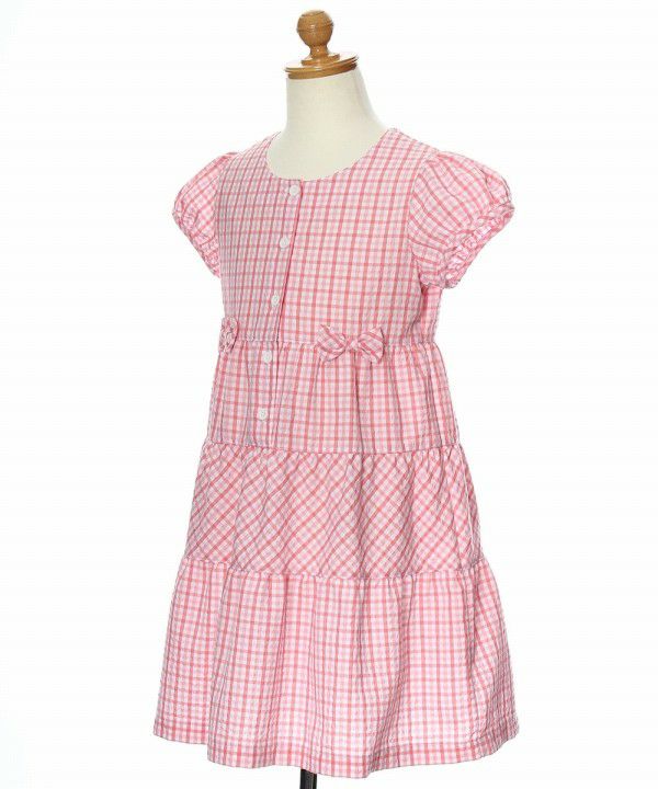 Children's clothing girl check pattern with ribbon puff sleeve dress pink (02) torso