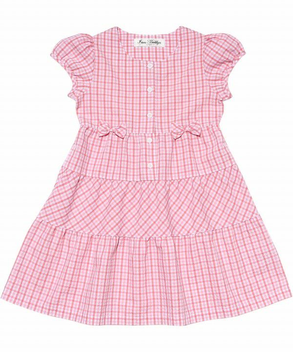 Children's clothing girl check pattern with ribbon puff sleeve dress pink (02) front