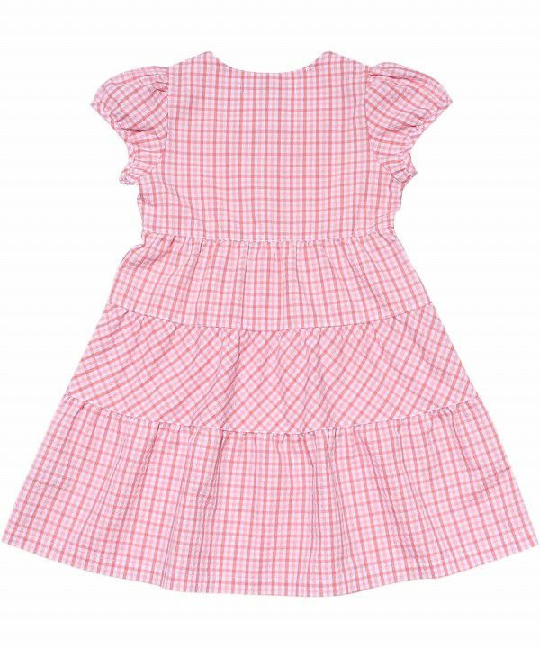 Children's clothing girl check pattern with ribbon puff sleeve dress pink (02) back