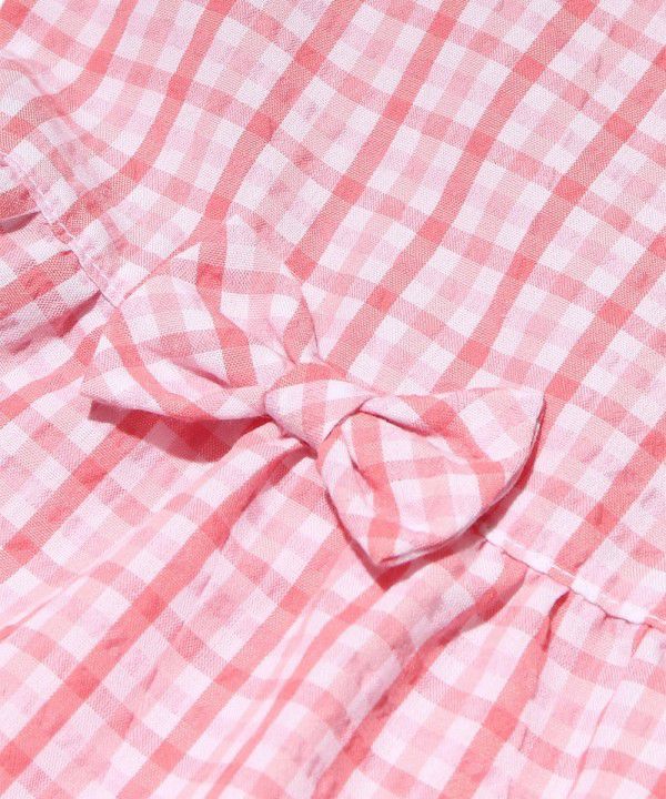 Children's clothing girl check pattern with ribbon puff sleeve dress pink (02) Design point 1