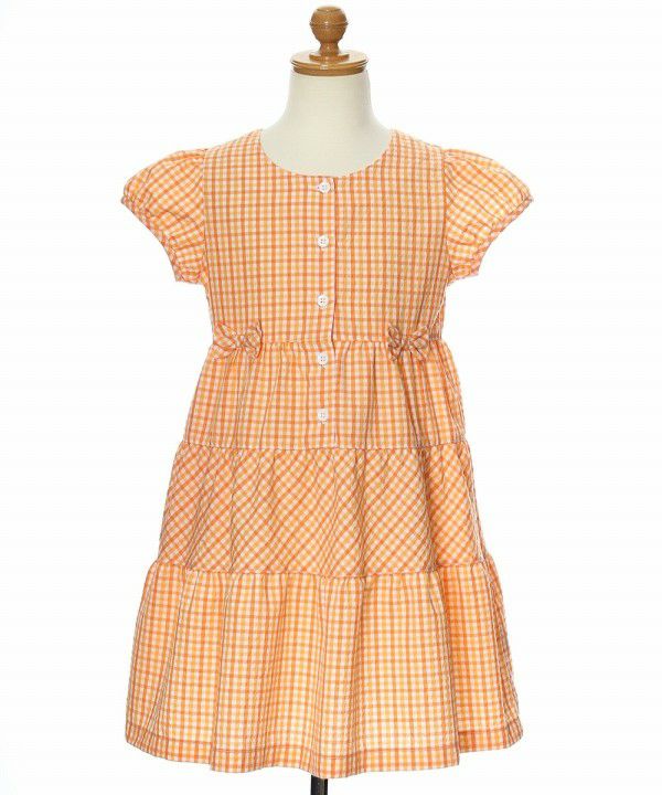 Children's clothing girl check pattern with ribbon puff sleeve dress orange (07) torso