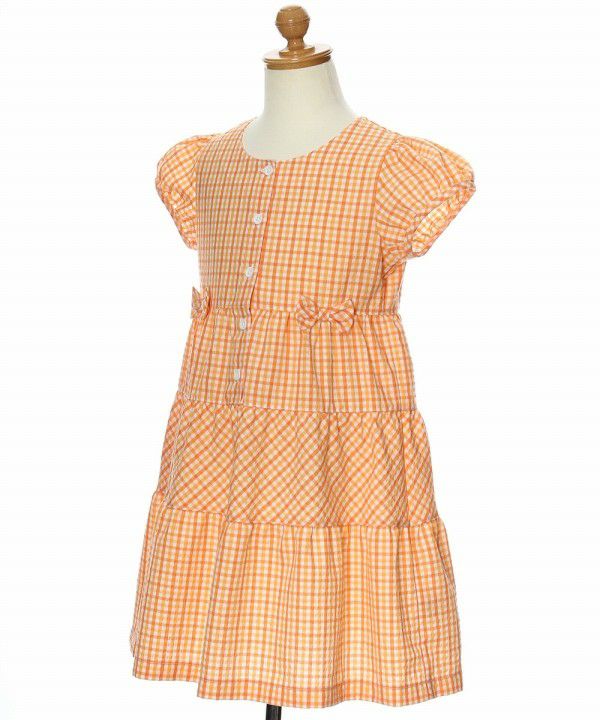 Children's clothing girl check pattern with ribbon puff sleeve dress orange (07) torso