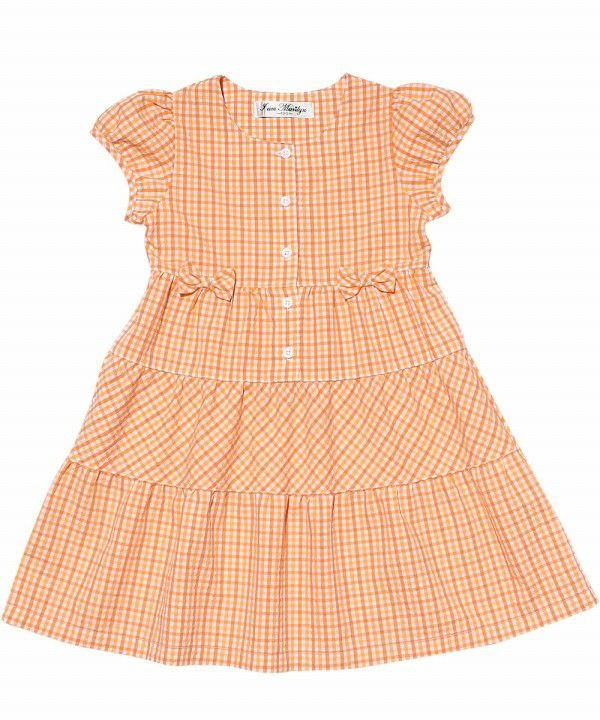 Children's clothing girl check pattern with ribbon puff sleeve dress orange (07) front