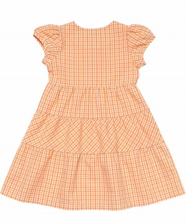 Children's clothing girl check pattern with ribbon puff sleeve dress orange (07) back