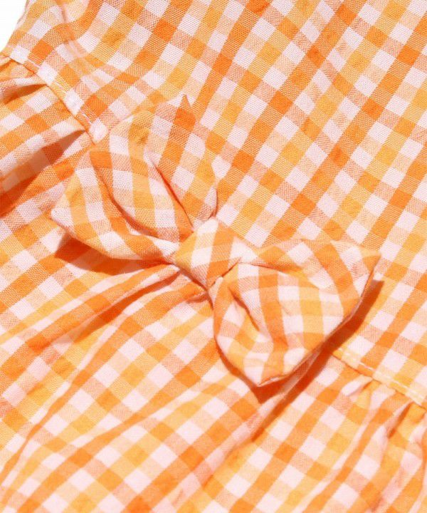 Children's clothing girl check pattern with ribbon puff sleeve dress orange (07) Design point 1
