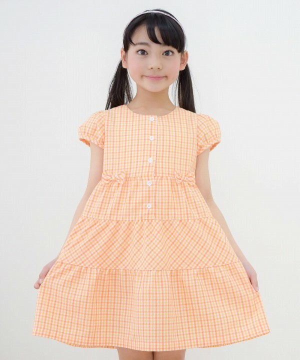 Children's clothing girl check pattern with ribbon puff sleeve dress orange (07) model image up