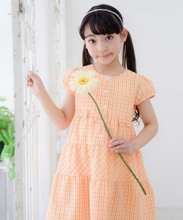 Children's clothing girl check pattern with ribbon puff sleeve dress orange (07) model image 1