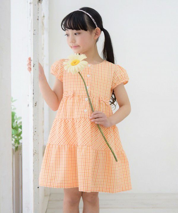 Children's clothing girl check pattern with ribbon puff sleeve dress orange (07) model image 2