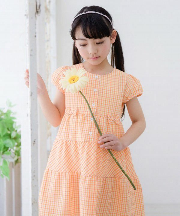 Children's clothing girl check pattern with ribbon puff sleeve dress orange (07) model image 3