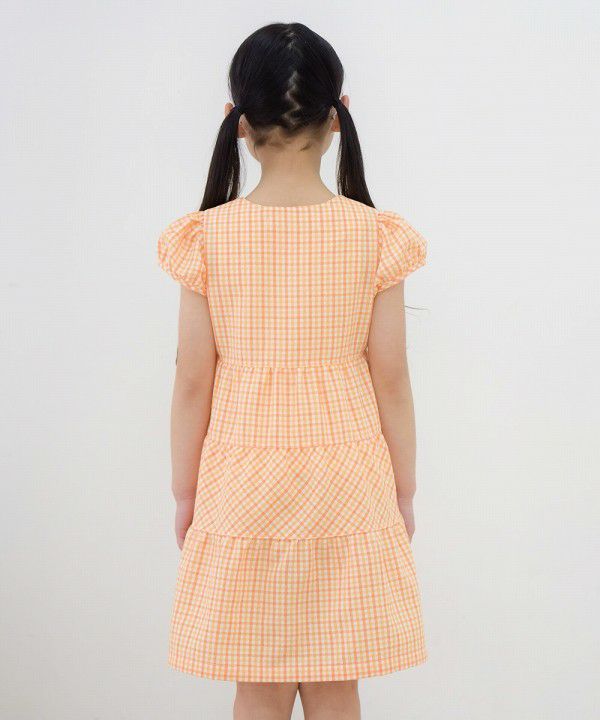 Children's clothing girl check pattern with ribbon puff sleeve dress orange (07) model image 4