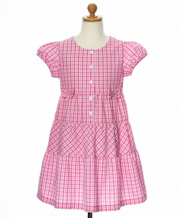 Children's clothing girl check pattern with ribbon puff sleeve dress shocking pink (21) torso