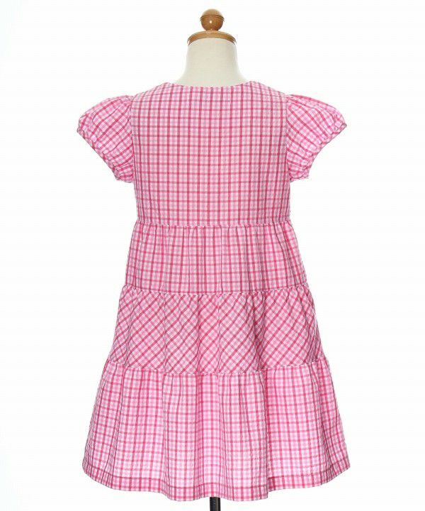 Children's clothing girl check pattern with ribbon puff sleeve dress shocking pink (21) torso