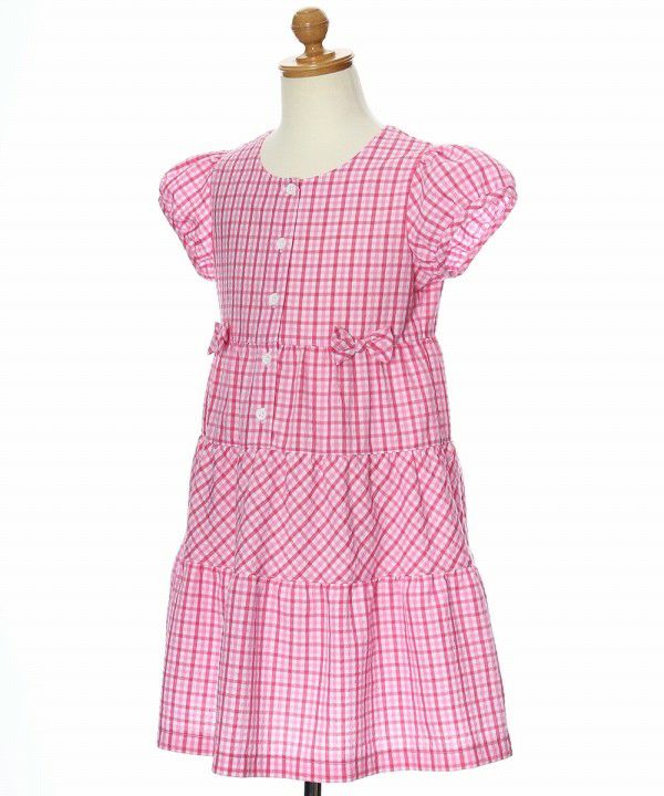 Children's clothing girl check pattern with ribbon puff sleeve dress shocking pink (21) torso