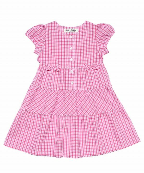 Children's clothing girl check pattern with ribbon puff sleeve dress shocking pink (21) front