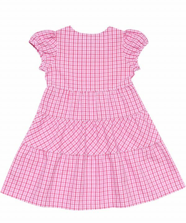 Children's clothing girl check pattern with ribbon puff sleeve dress shocking pink (21) back