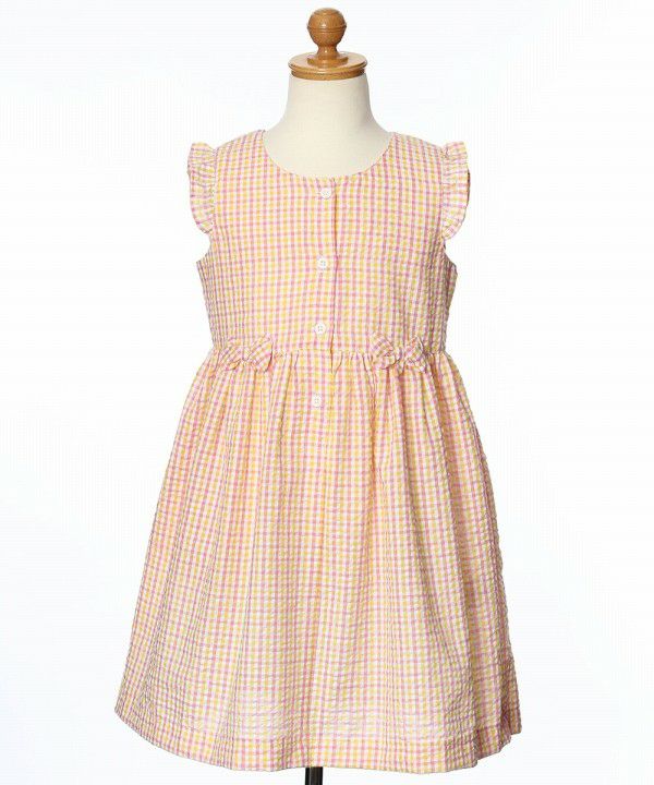 Seersucker check pattern dress with ribbons Yellow torso