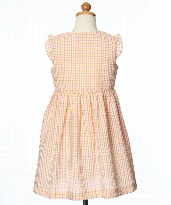 Seersucker check pattern dress with ribbons Yellow torso