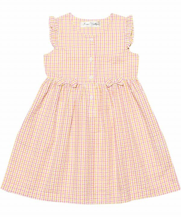 Seersucker check pattern dress with ribbons Yellow front