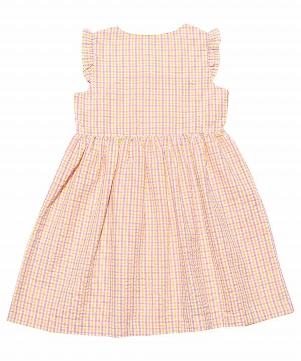 Seersucker check pattern dress with ribbons Yellow back