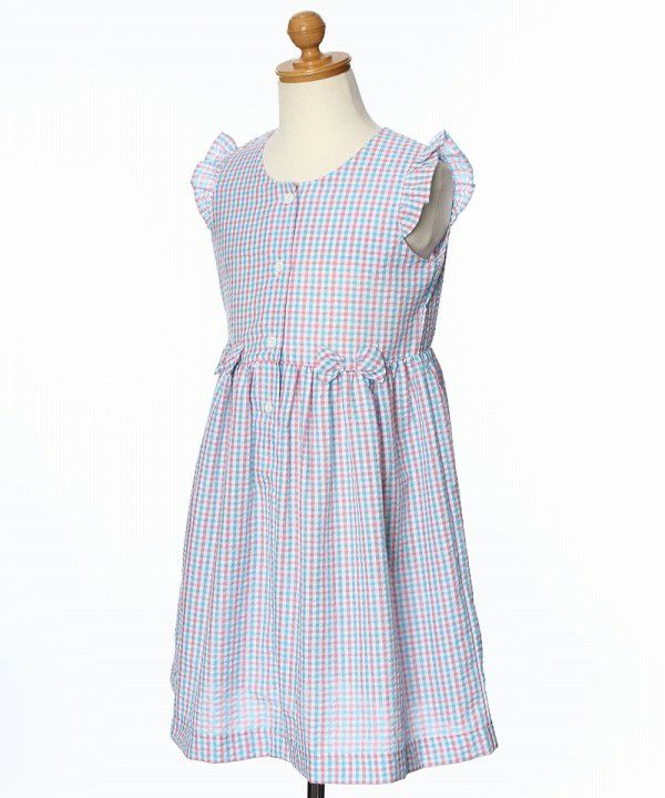 Seersucker check pattern dress with ribbons Blue torso