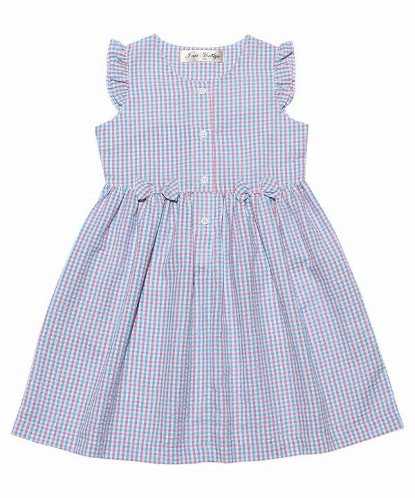 Seersucker check pattern dress with ribbons Blue front