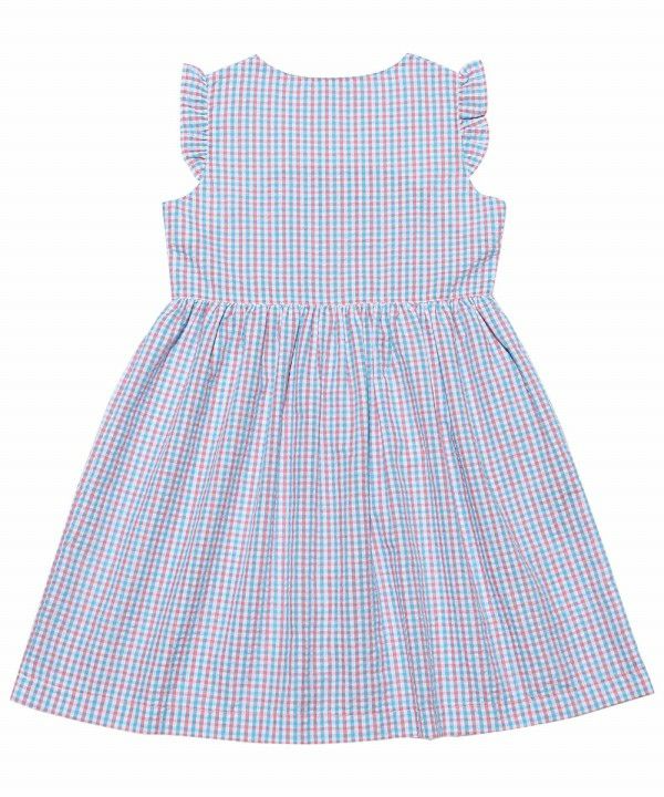 Seersucker check pattern dress with ribbons Blue back
