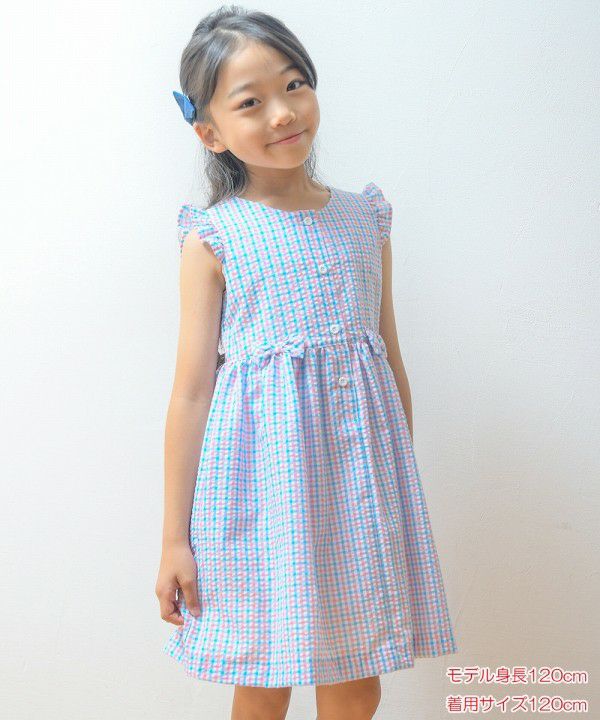 Seersucker check pattern dress with ribbons Blue model image up