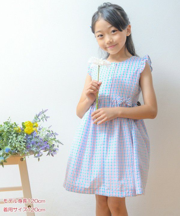 Seersucker check pattern dress with ribbons Blue model image 1