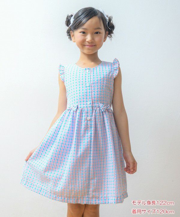 Seersucker check pattern dress with ribbons Blue model image 3