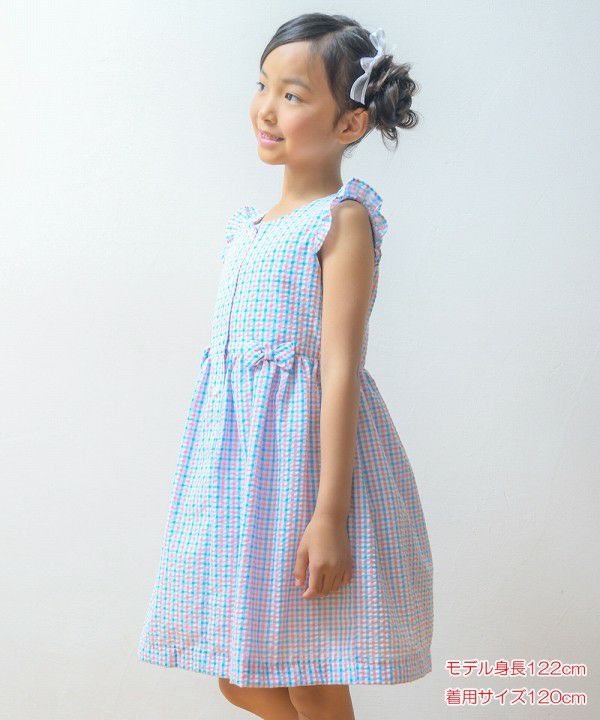 Seersucker check pattern dress with ribbons Blue model image 4