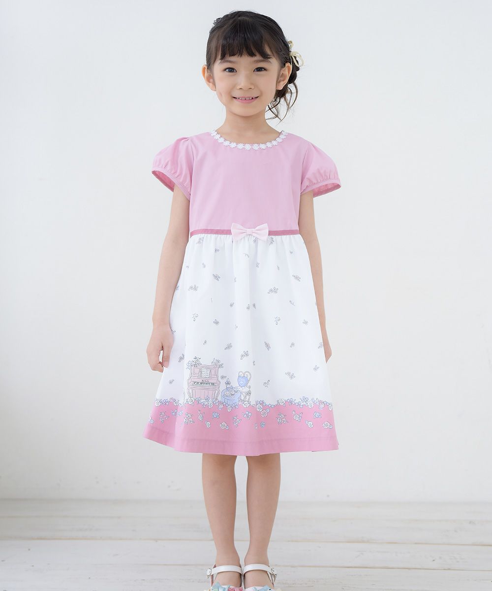 Children's clothing girl 100 % cotton flower & piano & gardemplint dress pink (02) model image whole body