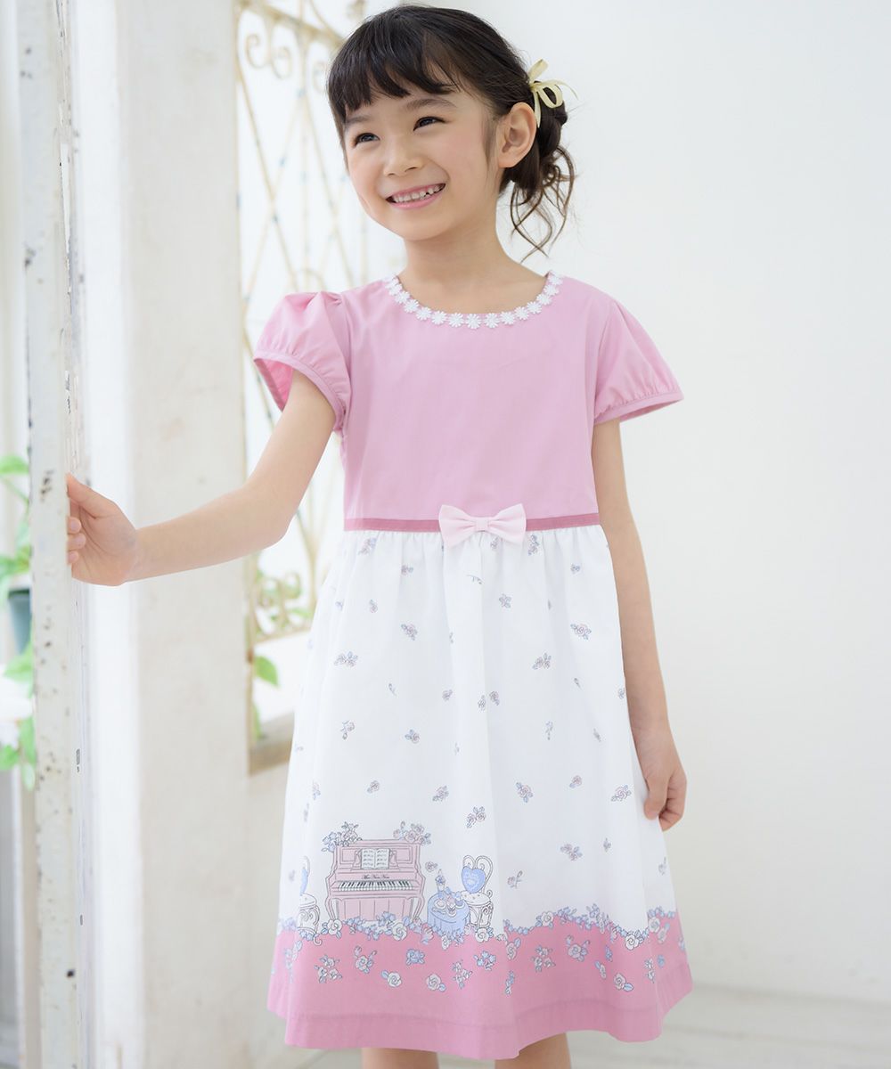 Children's clothing girl 100 % cotton flower & piano & gardemplint dress pink (02) model image 2
