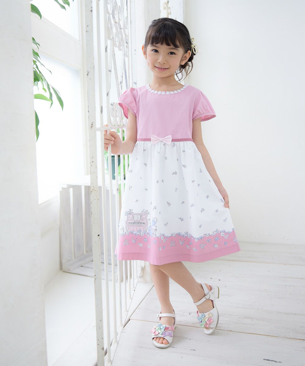 Children's clothing girl 100 % cotton flower & piano & gardemplint dress pink (02) model image 3