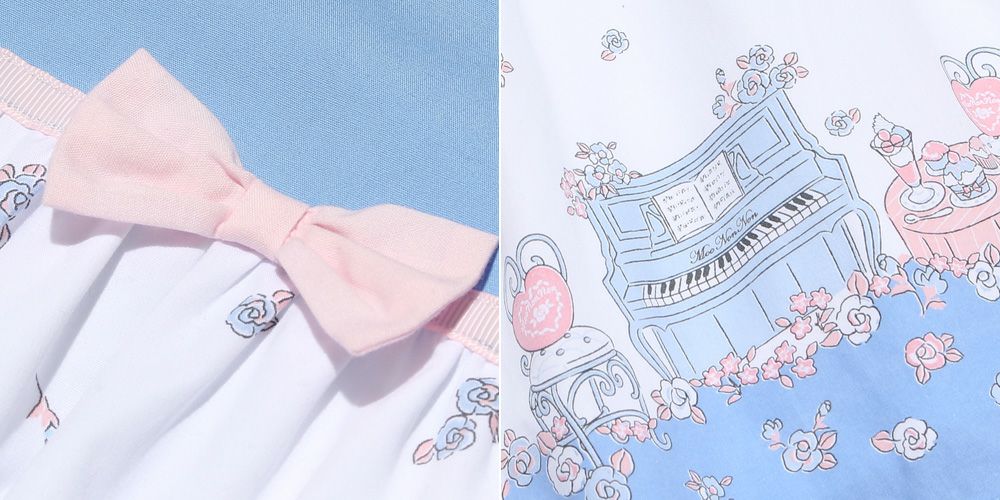Children's clothing girl 100 % cotton flower & piano & gardempling dress one -piece blue (61) Design point 1