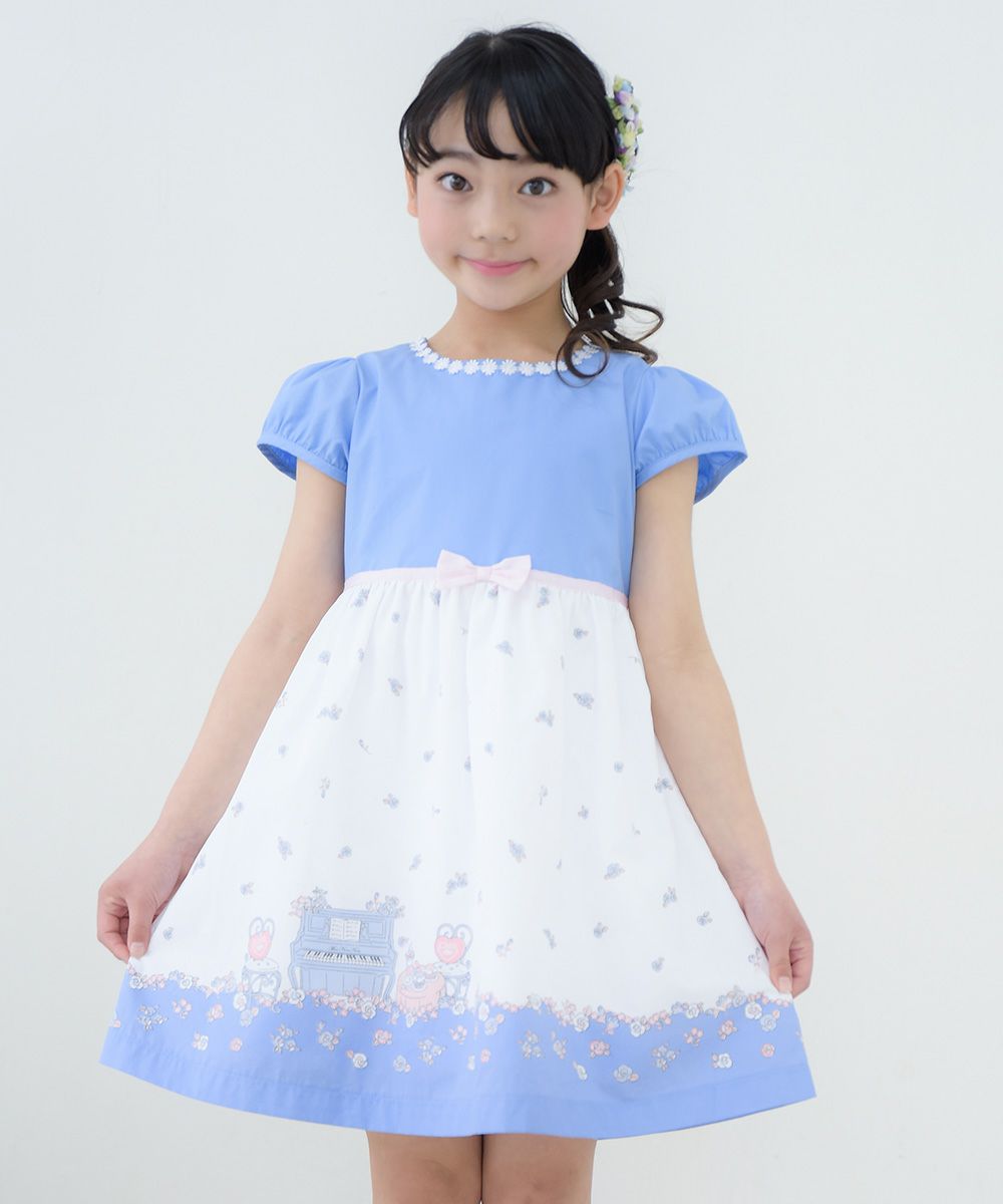 Children's clothing girl 100 % cotton flower & piano & gardempling dress one -piece blue (61) Model image up