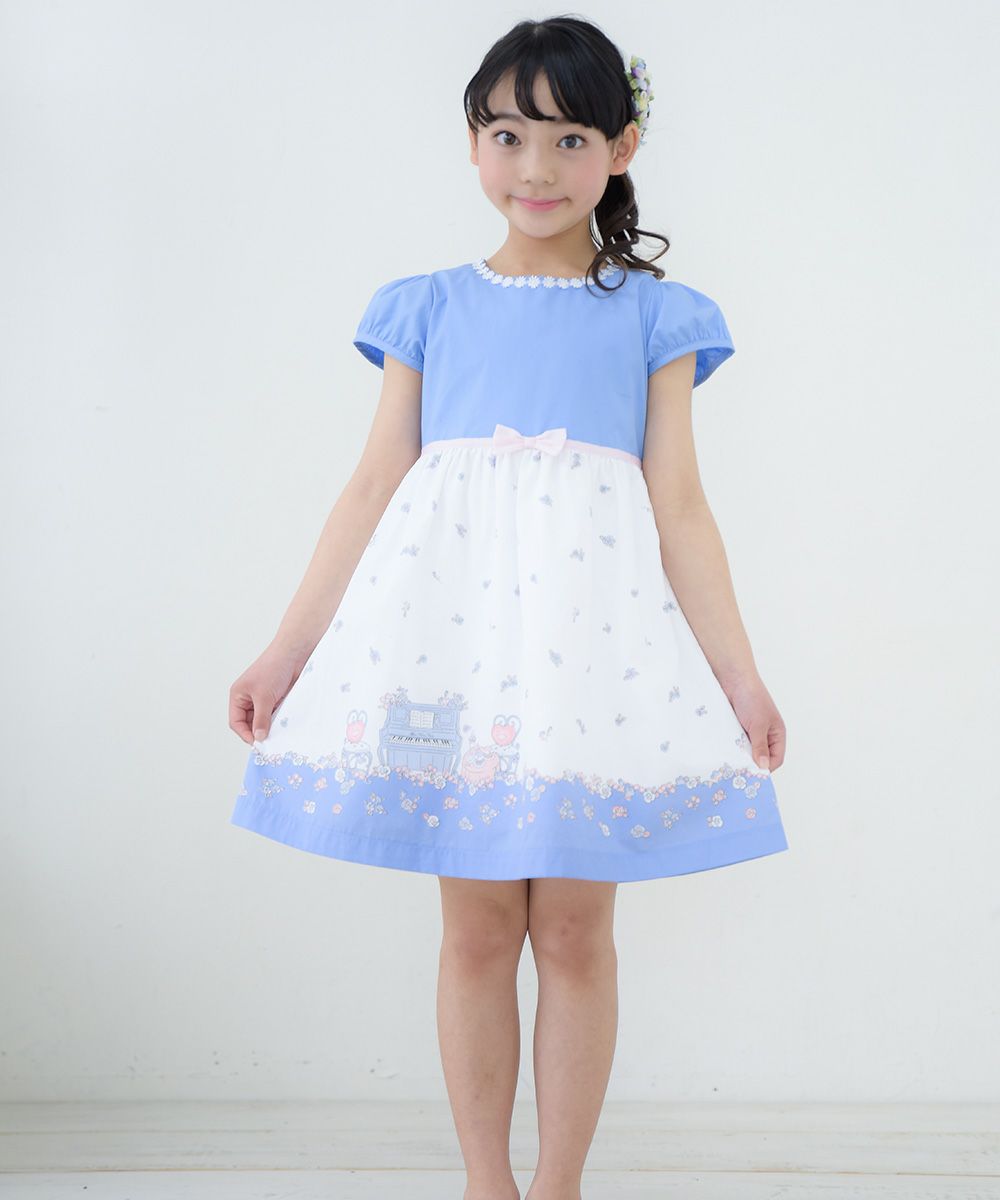 Children's clothing girl 100 % cotton flower & piano & gardemplifier dress blue (61) model image whole body