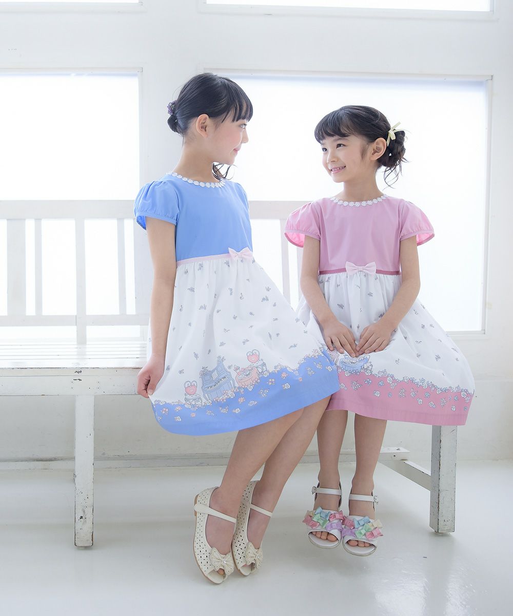 Children's clothing girl 100 % cotton flower & piano & gardemplint dress one -piece blue (61) model image 1