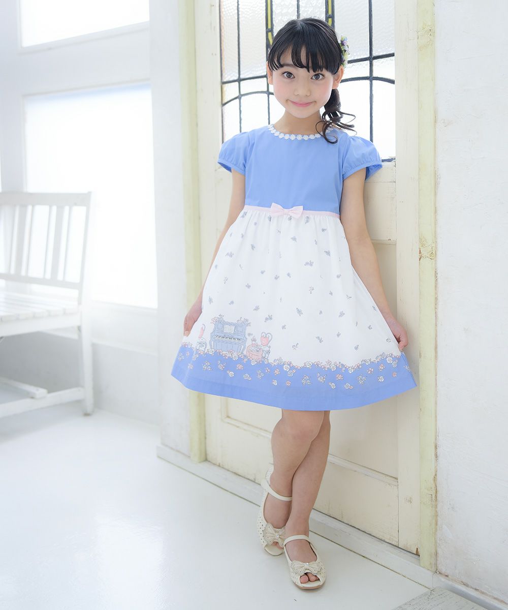 Children's clothing girl 100 % cotton flower & piano & gardemplint dress one -piece blue (61) model image 2