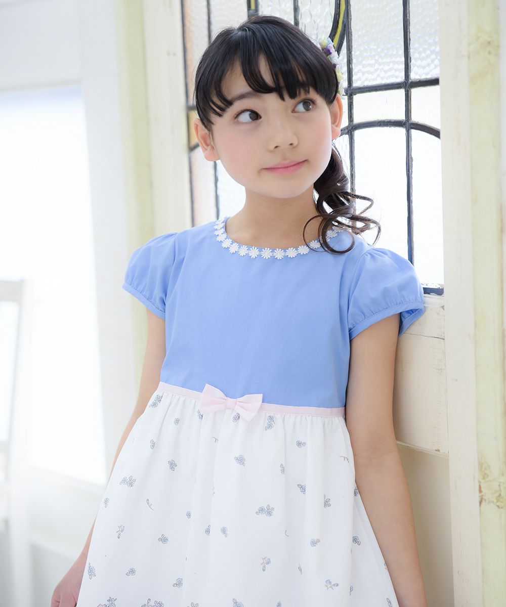 Children's clothing girl 100 % cotton flower & piano & gardemplint dress one -piece blue (61) model image 3