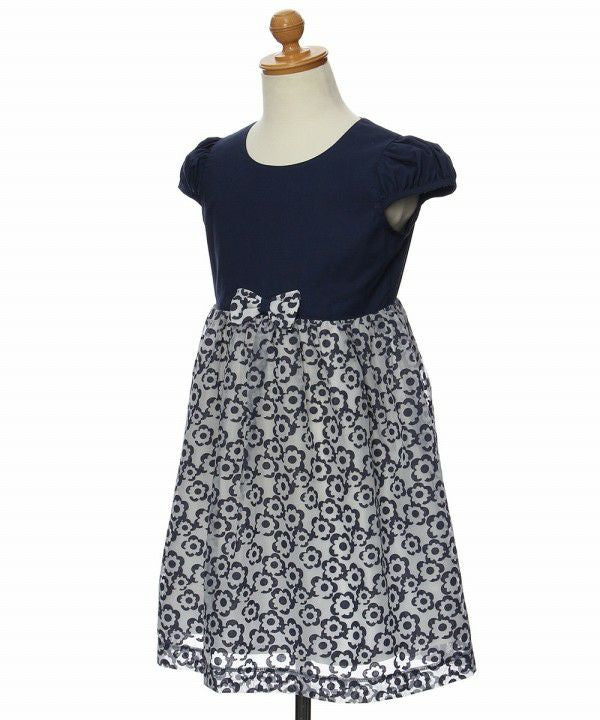 Children's clothing girl opal processed floral pattern switching with ribbon dress navy (06) torso