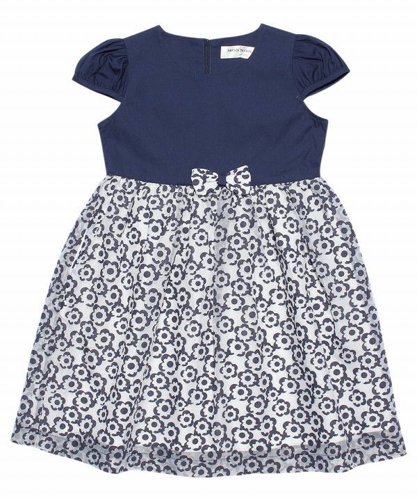 Children's clothing girl opal processed floral pattern switching with ribbon dress navy (06) front