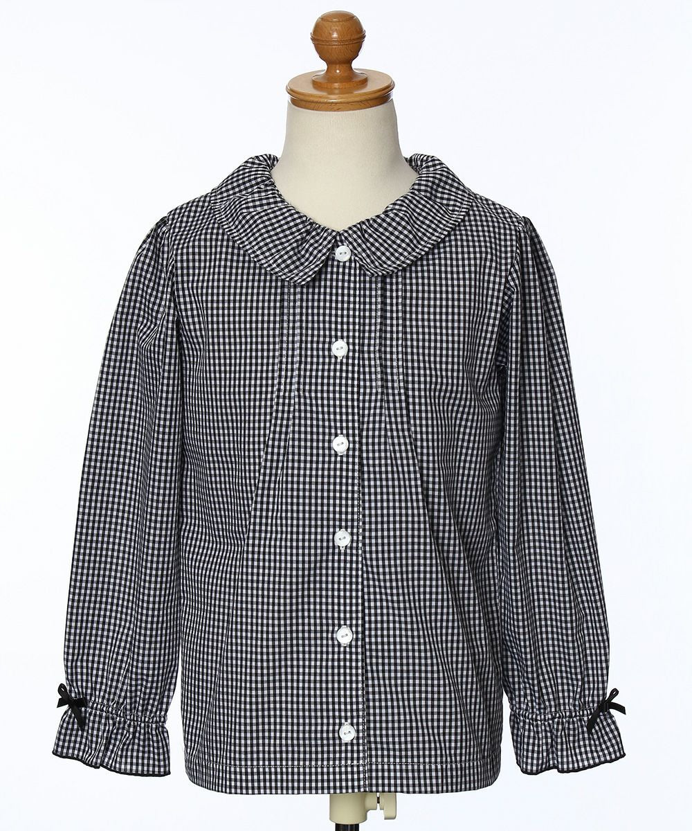 Children's clothing girl Gingham Check pattern ribbon frill sleeve blouse black (00) torso