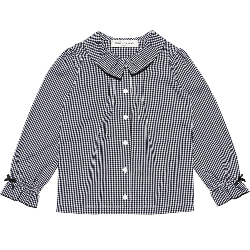 Children's clothing girl Gingham Check pattern ribbon frill sleeve blouse black (00) front